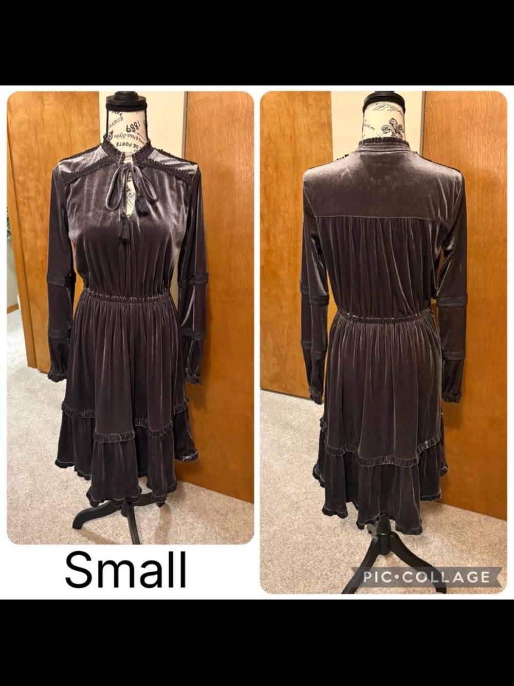 Women's Velvet Long-Sleeve Tiered Dress - Small - Charcoal